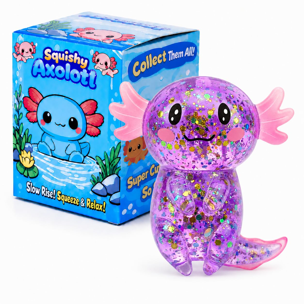 Axolotl Squishy Stress Ball, Soft TPR Slow Rising Squeeze Toy, Cute Axolotl Fidget Toy for Stress Relief, Anxiety Calming Sensory Toy for Kids Adults(Purple Long tail Axolotl)