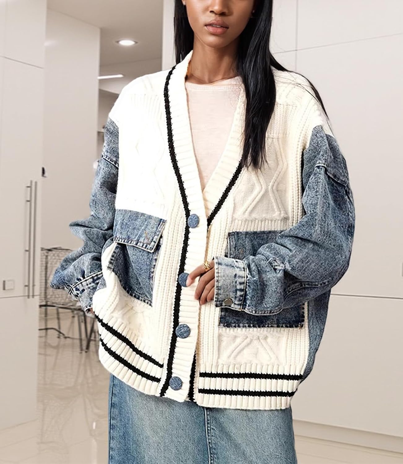 Tbahhir Women Open Front Sweater Cardigan Denim Patchwork Long Sleeve Chunky Knit Button Down Jackets with Pockets - Image 5