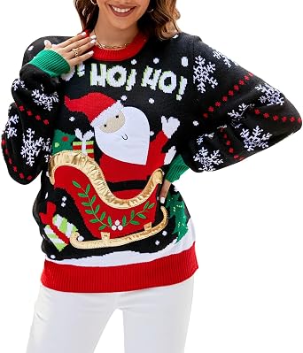 Womens Ugly Christmas Sweater Funny Xmas Santa Claus Pullover Top Knit Casual Long Sleeve Sweater