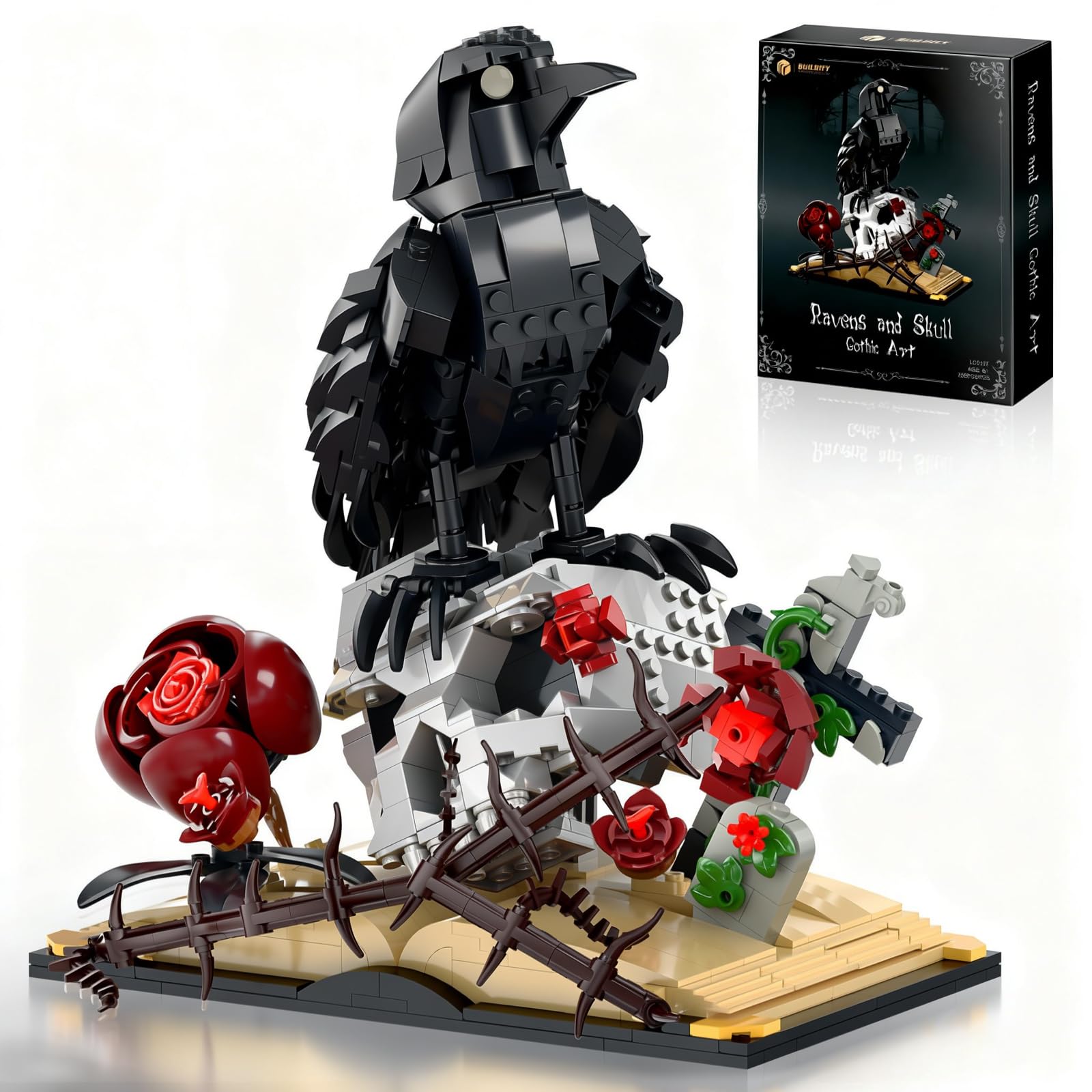 Gothic Raven & Skull Art Building Set, Skull Decor Features Ravens, Skulls, Roses, Crosses, and Books - Eye-Catching Table Centerpiece, Holiday or Birthday Gift for Adults & Kids Ages 8+ (758 PCS)