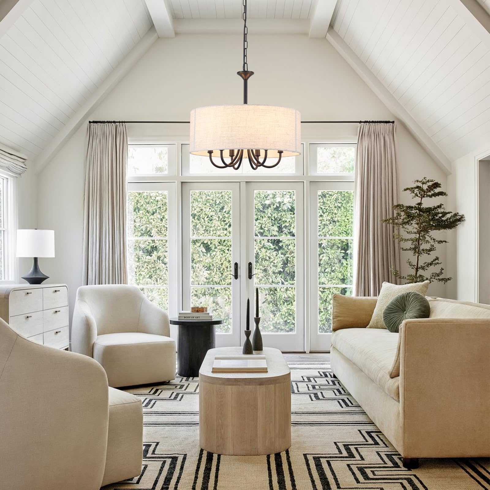 HLJYNJM 18" Drum Chandelier for Dining Room, 6-Light Farmhouse Linen Drum Chandelier, Black Hanging Light Fixture Round Chandelier for Kitchen Island Bedroom Living Room Entryway Foyer