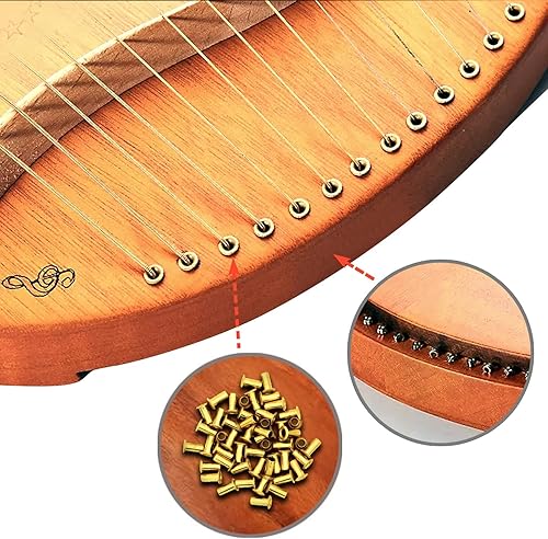 Miniatura 13 de Lyre Harp - Juego de 16 cuerdas de metal de repuesto con 50 remaches huecos de latón dorado 16 cuerdas de arpa de lira,16 pines de afinación + llave