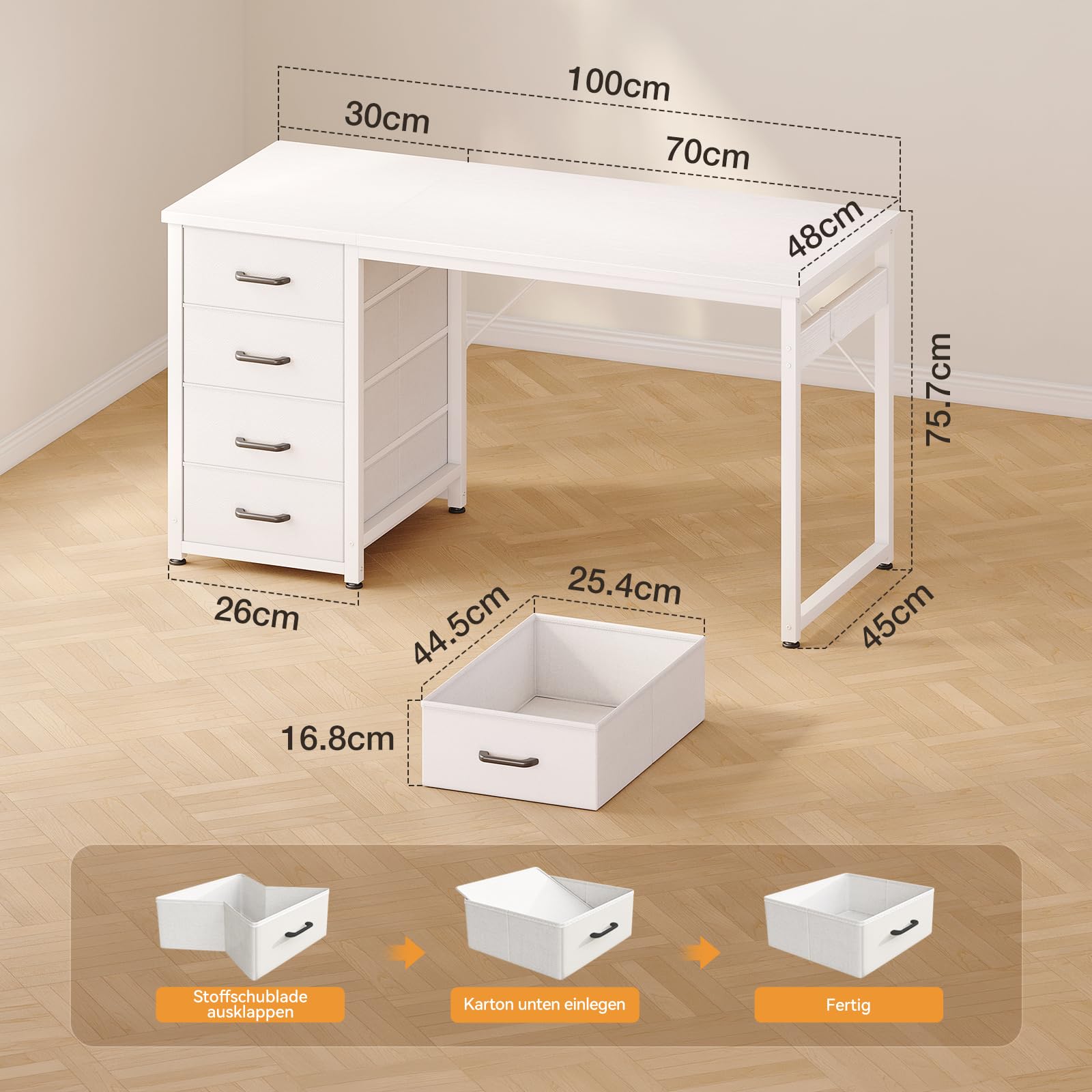 ODK Kleiner Schreibtisch mit 4 Schubladen, 100x48x75.7cm Computertisch Umkehrbarer Bürotisch mit Kopfhörer Halter, PC Tisch Holz für Heimbüro, Weiß
