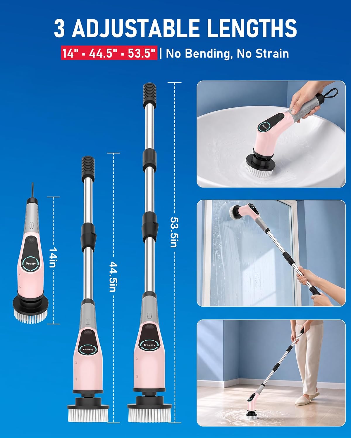 Dovety Electric Spin Scrubber, Extendable Handle, 8 Brush Heads-Pink
