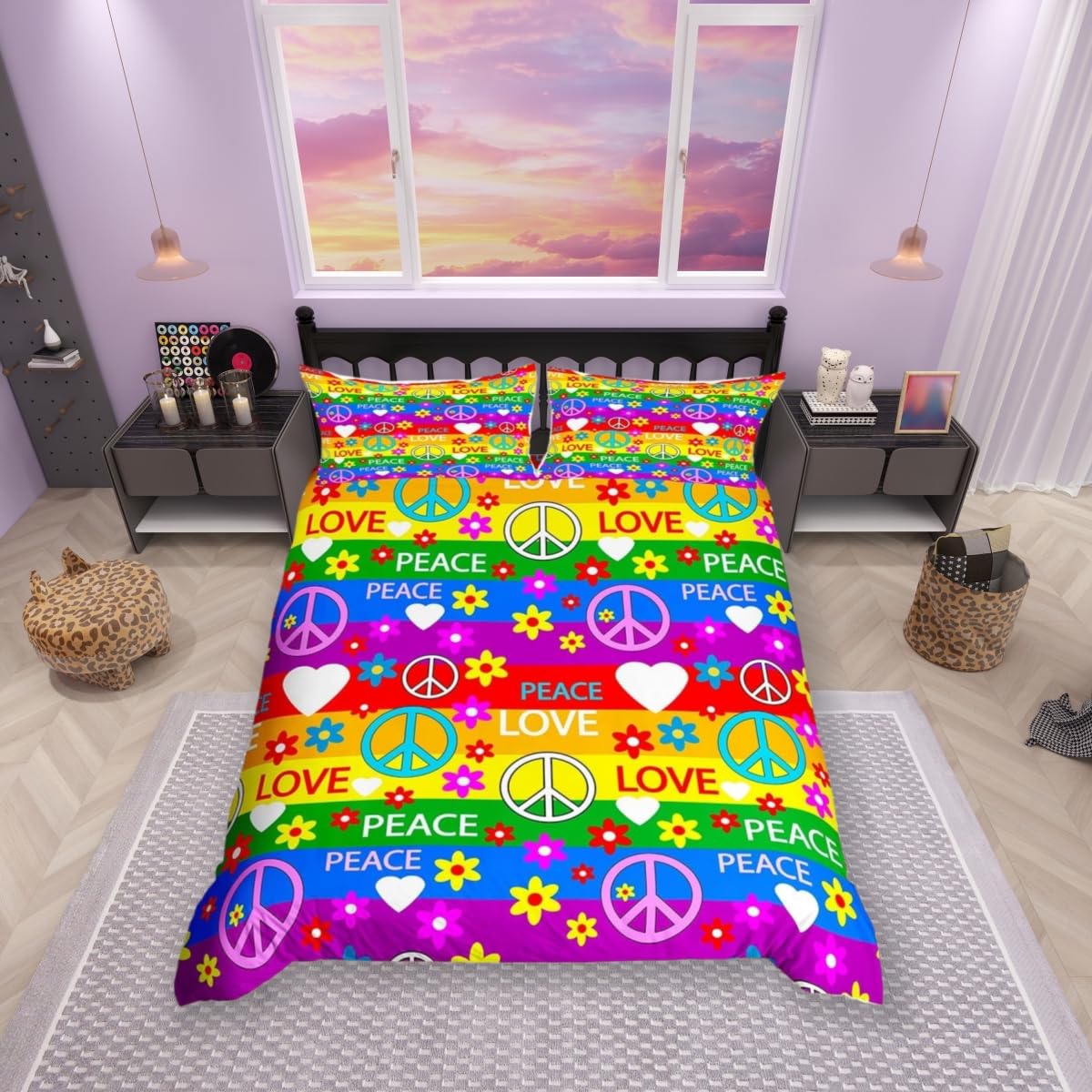 Feelingyou Girls Multi 2 Groovy Hippie Duvet Cover Set Double Size,Peace And Love Heart Colorful Flowers Comforter Cover With 2 Pillowcases,Trippy Rainbow Stripes Bedding Set For Teens Present, Soft Microfiber