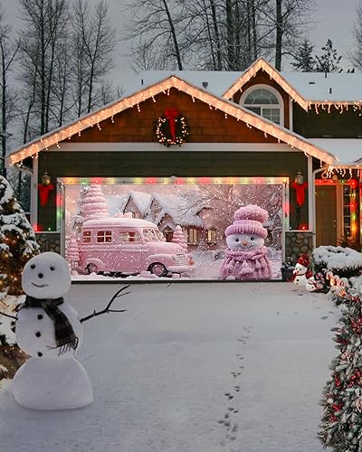 Miniatura 4 de Cubierta de cartel de Navidad rosa para puerta de garaje, decoración colgante de puerta de garaje, camión rosa de Navidad, copos de nieve de