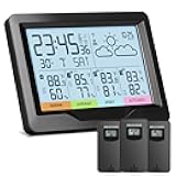 Weather Station Wireless Indoor Outdoor with 3 Sensors, Indoor Outdoor Thermometer with Digital Atomic Clock & Dual Alarm, Temperature Humidity Monitor and Barometer with Backlight for Forecast