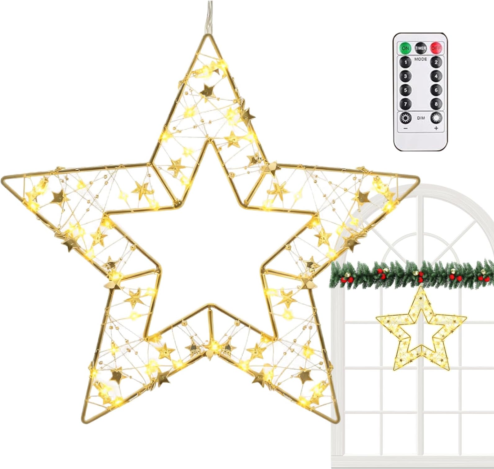 Christmas Window Decorations Lights - Star Fairy LED Lights with Timer, 8 Memory Modes, Hand-Wound Copper Wire | Indoor Outdoor Home Living Room Front Door Holiday Party Winter Celebration Family