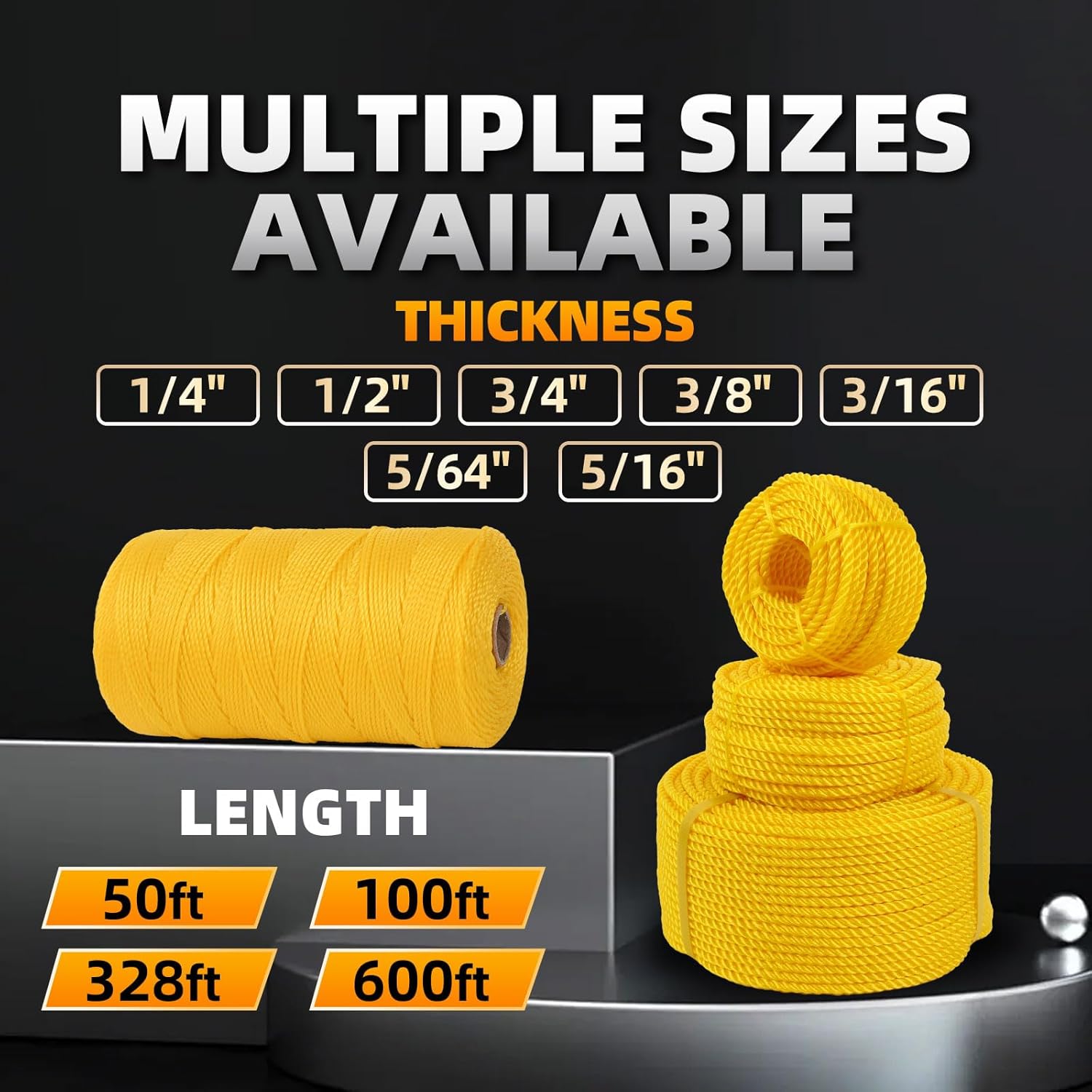 Polypropylene Rope - Bright Yellow, 1/4" x 328ft - All-Purpose Utility Rope for Marine, Outdoor, and DIY