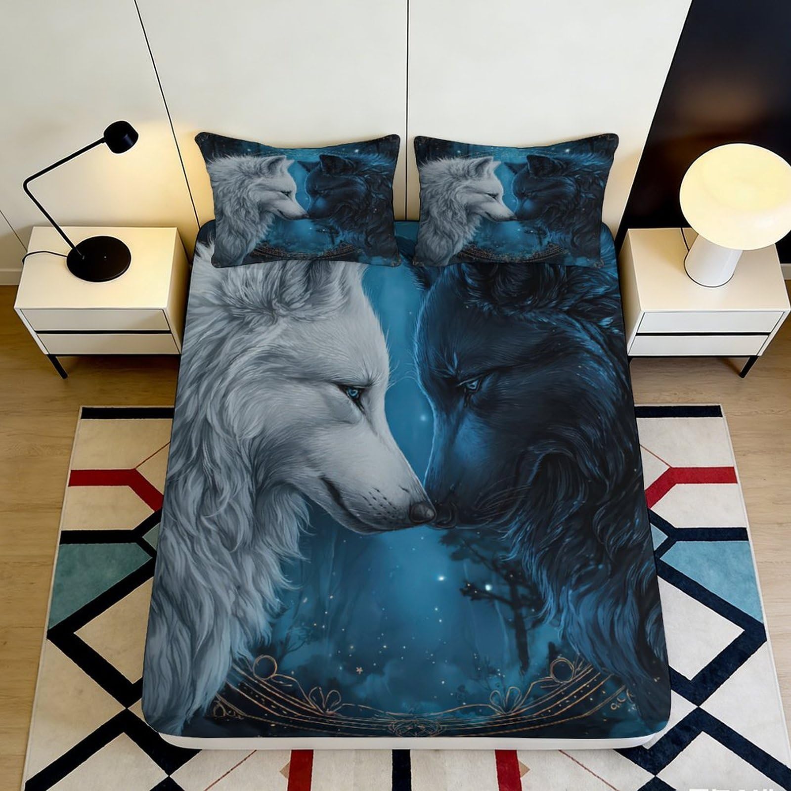 3D Printed Wolf Moonlight Fitted Sheet Microfiber Soft Dark Blue Forest Mattress Cover Bedroom Decor 180x200x25cm
