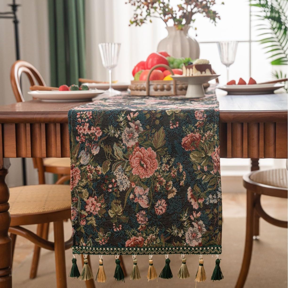Table Runner Embroidered Damask Table Runner Non Slip Lining For Furniture with Tassel for Home Christmas Party Restaurants(D,33-240)