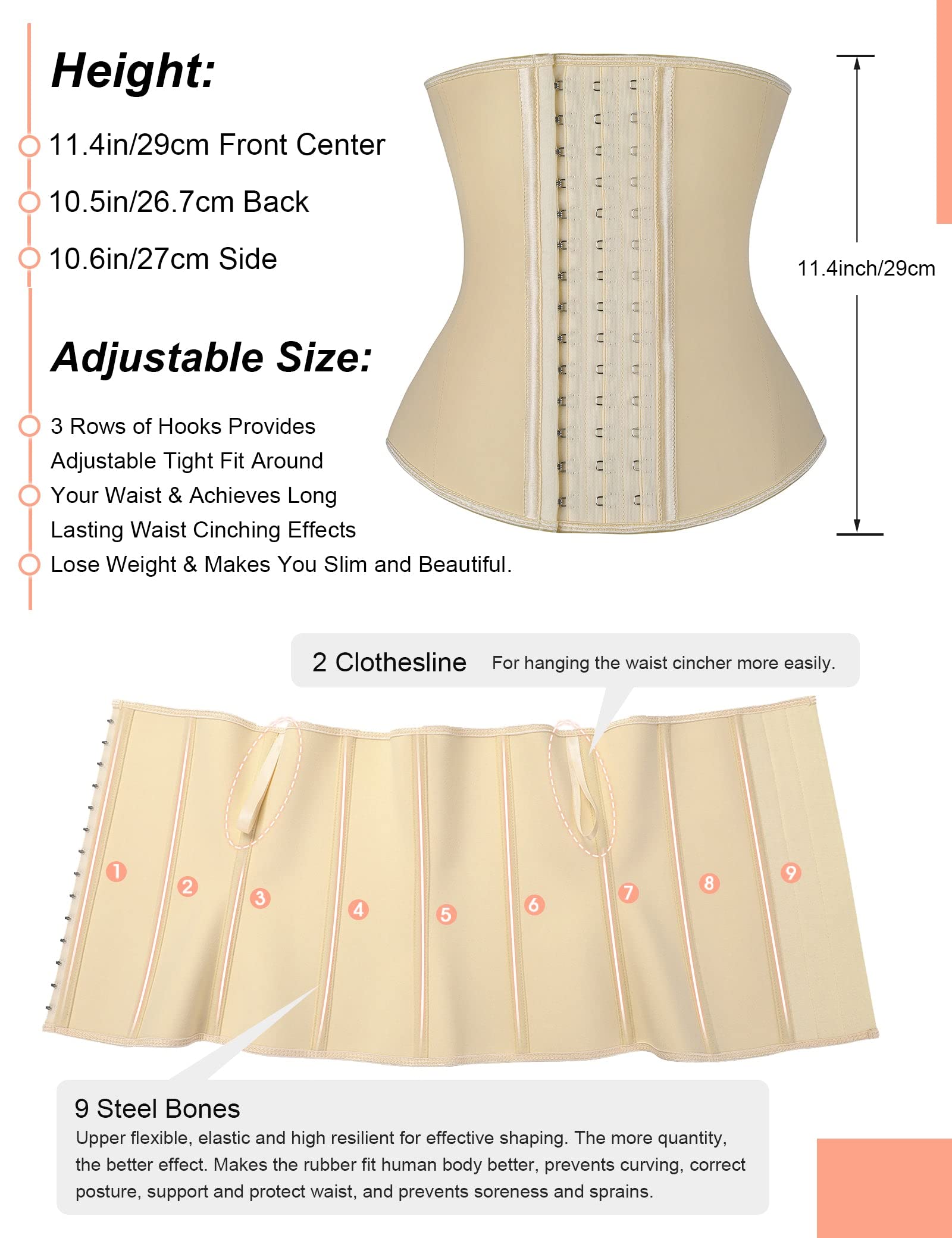 FeelinGirl Faja para Gimnasio Látex Corsé de Entrenamiento para Mujer Faja Lumbar Fitness y Ejercicio 9 Aceros Deshuesados con Ganchos