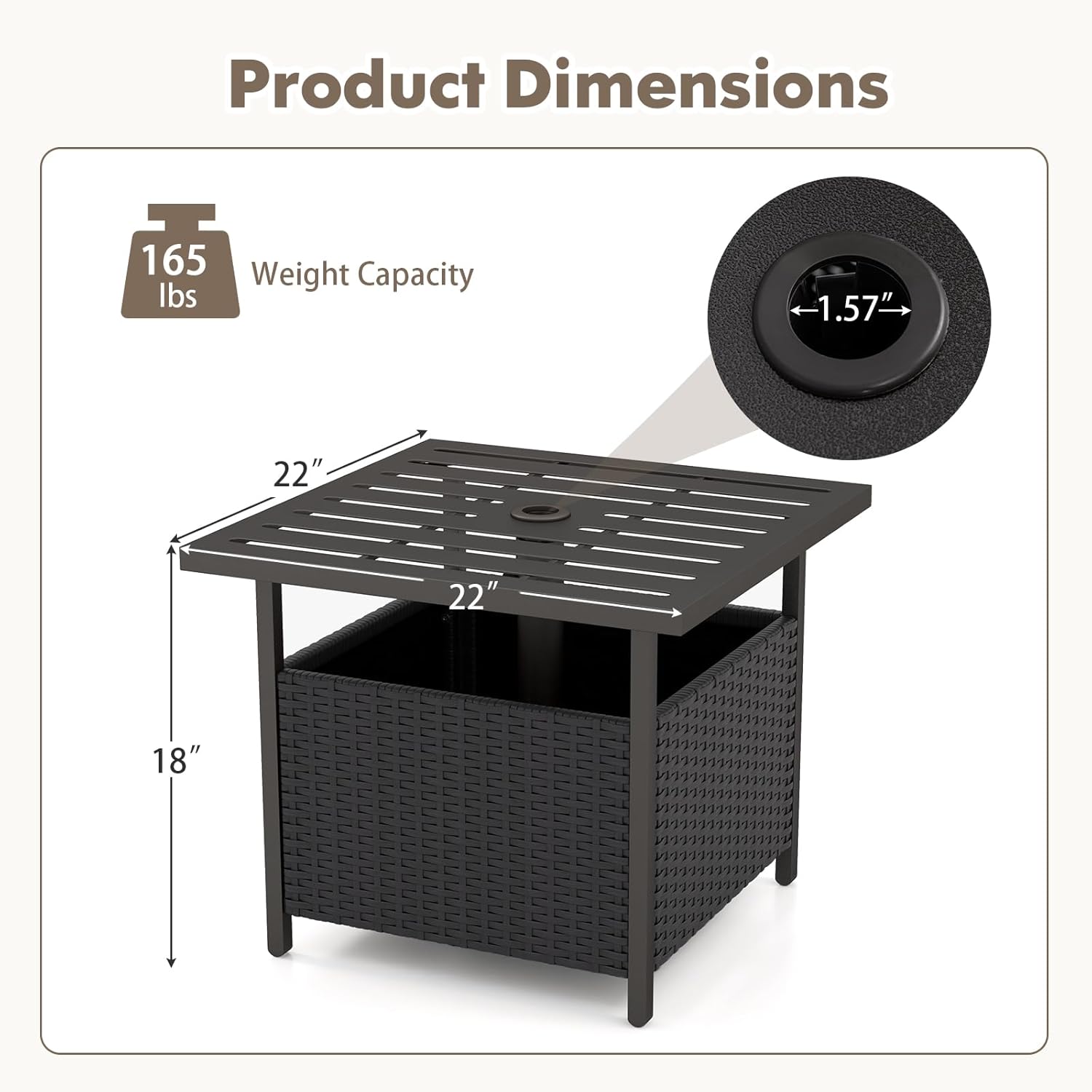 RELAX4LIFE Side Table with 2’’ Umbrella Hole - Wicker Rattan Patio Bistro Coffee Tables w/Metal Tabletop for Garden Backyard Balcony Poolside Deck, Square Outdoor Side Table (Black)