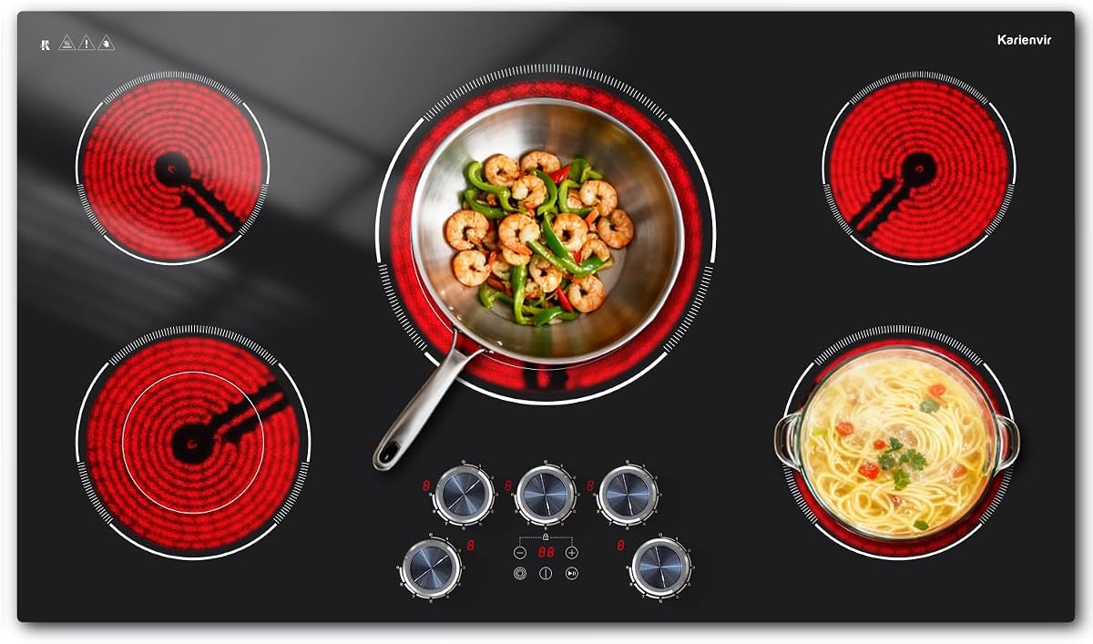 36 Inch Electric Cooktop 5 Burner 9200W, Touch & Anti-slip Knob | (35.25 x 19.29 inch)Built-in, 240V Hardwired, Dual-Ring & Triple-Ring Burners, 9 Power Levels, 99Min Timer, Safety Lock,