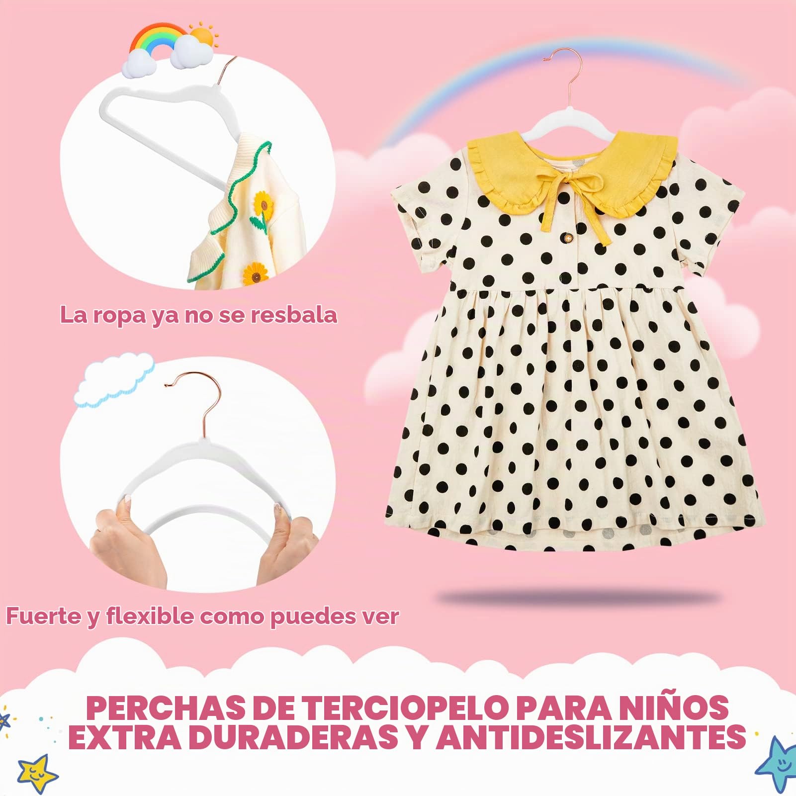 HOUSE DAY Perchas de terciopelo prémium para niños (paquete de 60) con ganchos dorados, ultradelgadas, para ahorrar espacio, perchas antideslizantes para faldas de niños, pantalones de vestir, perchas
