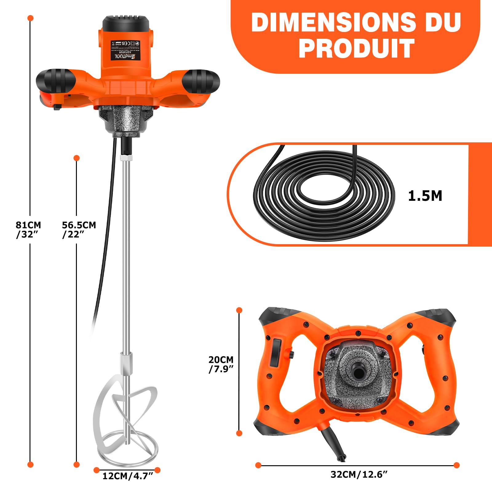 Malaxeur Électrique 2600W Mélangeur de Ciment à 6 Vitesses Mélangeur de Plâtre Mélangeur de Peinture Malaxeur Mortier Colle,pour Mélanger le Fourrage/Plâtre/Peinture/Mortier/Ciment/Béton