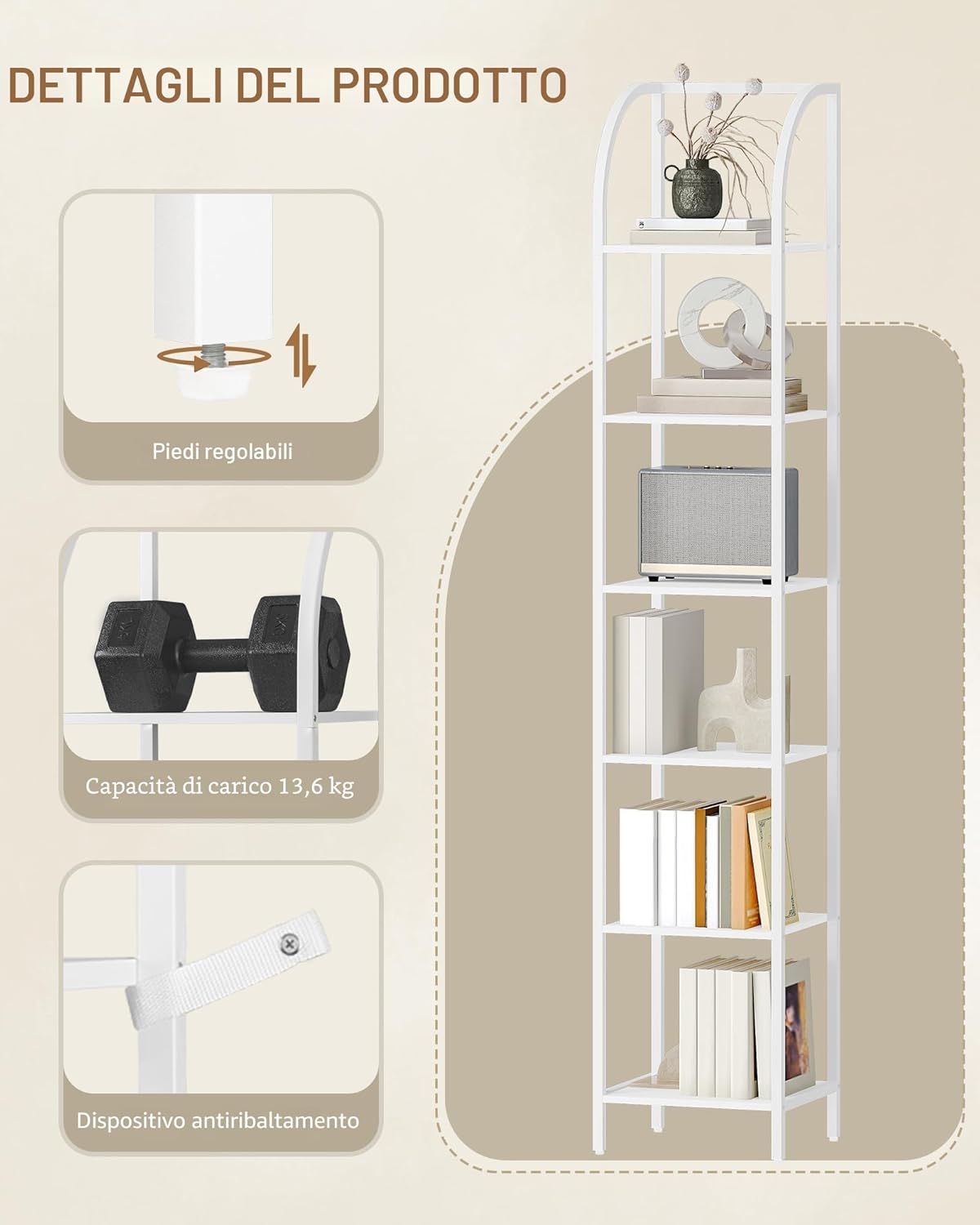 Product details showing adjustable feet, anti-tipping device, load capacity, and easy-to-clean surface