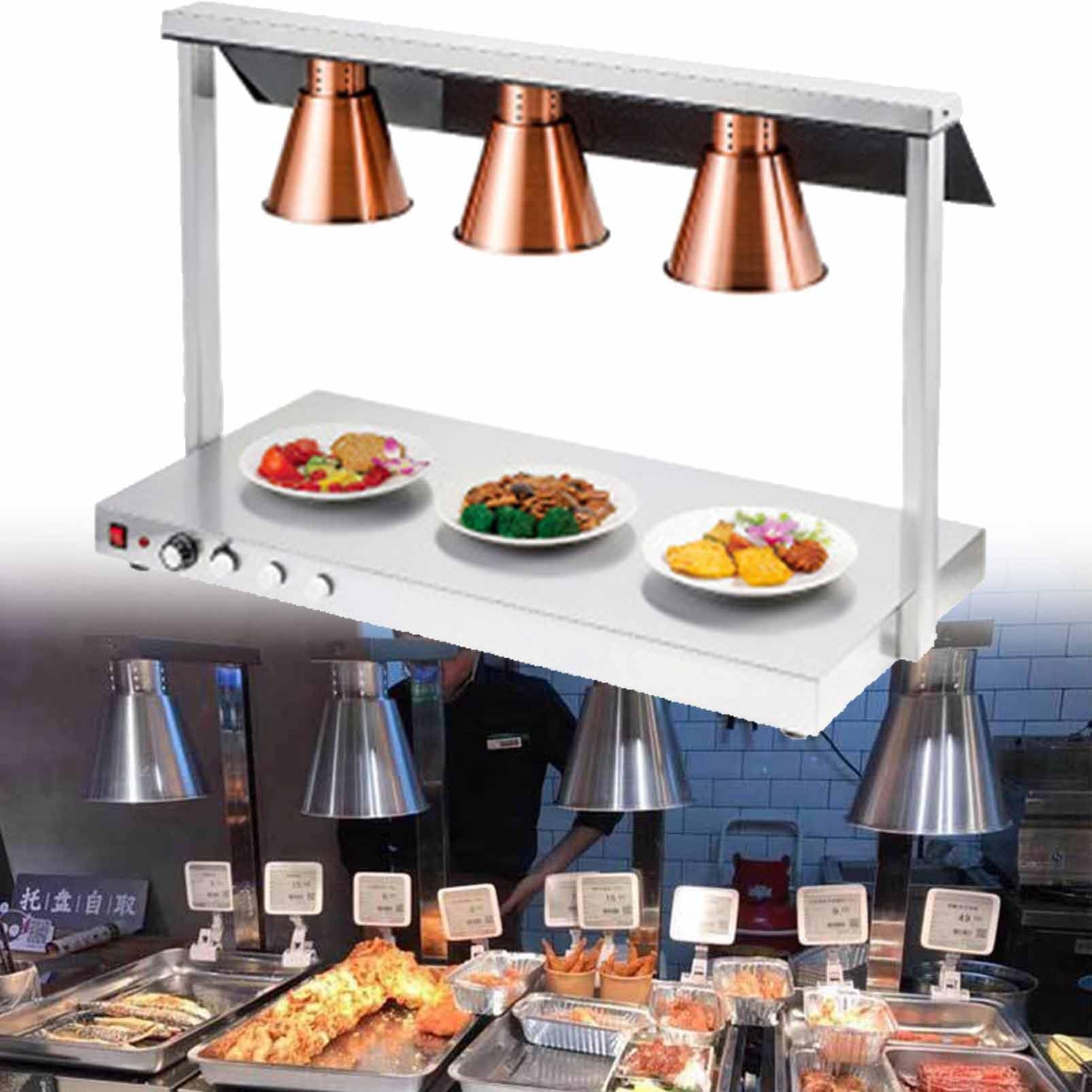 JKJZSALJ Commercial Food Heat Lamp - Electric Warmer For Buffets And Kitchens, Stainless Steel For Home And Business Use,Bronze,threeheads