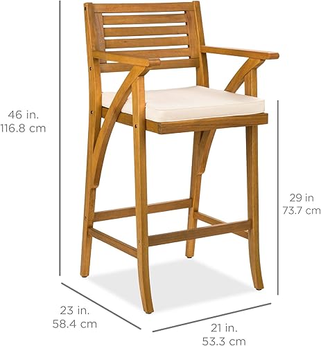 Miniatura 3 de Best Choice Products Juego de 2 taburetes de bar de madera de acacia para exteriores, sillas de bar para patio, piscina, jardín con cojines