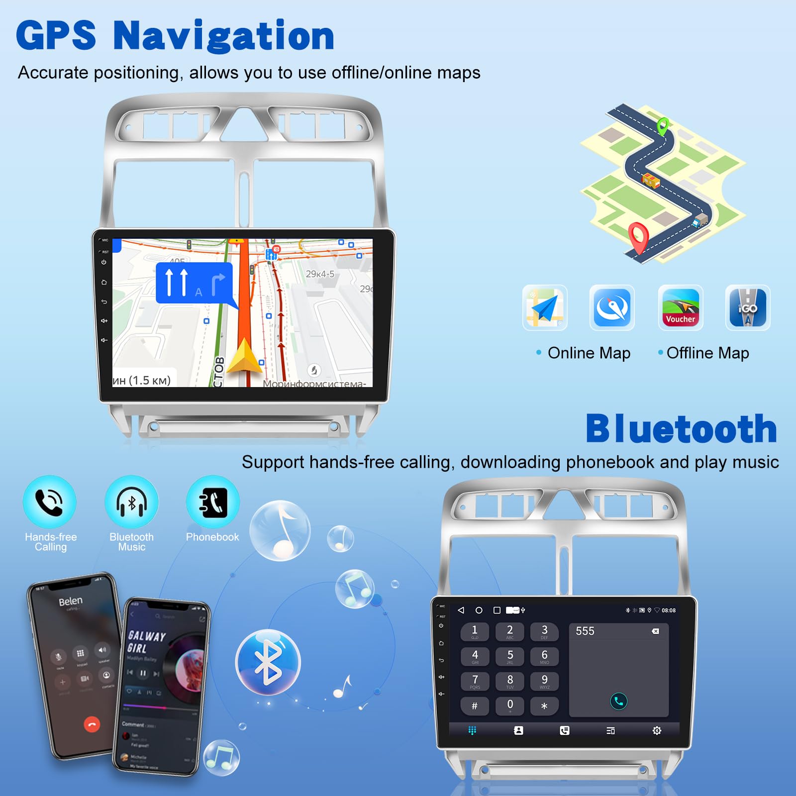 Radio de Coche para Peugeot 307 307CC 307SW 2002-2013, [2G+64G] Estéreo de Coche con 9 Pulgadas Pantalla Táctil Android con Wireless Carplay y Android Auto/Bluetooth/WiFi/Bluetooth/EQ/FM RDS Radio