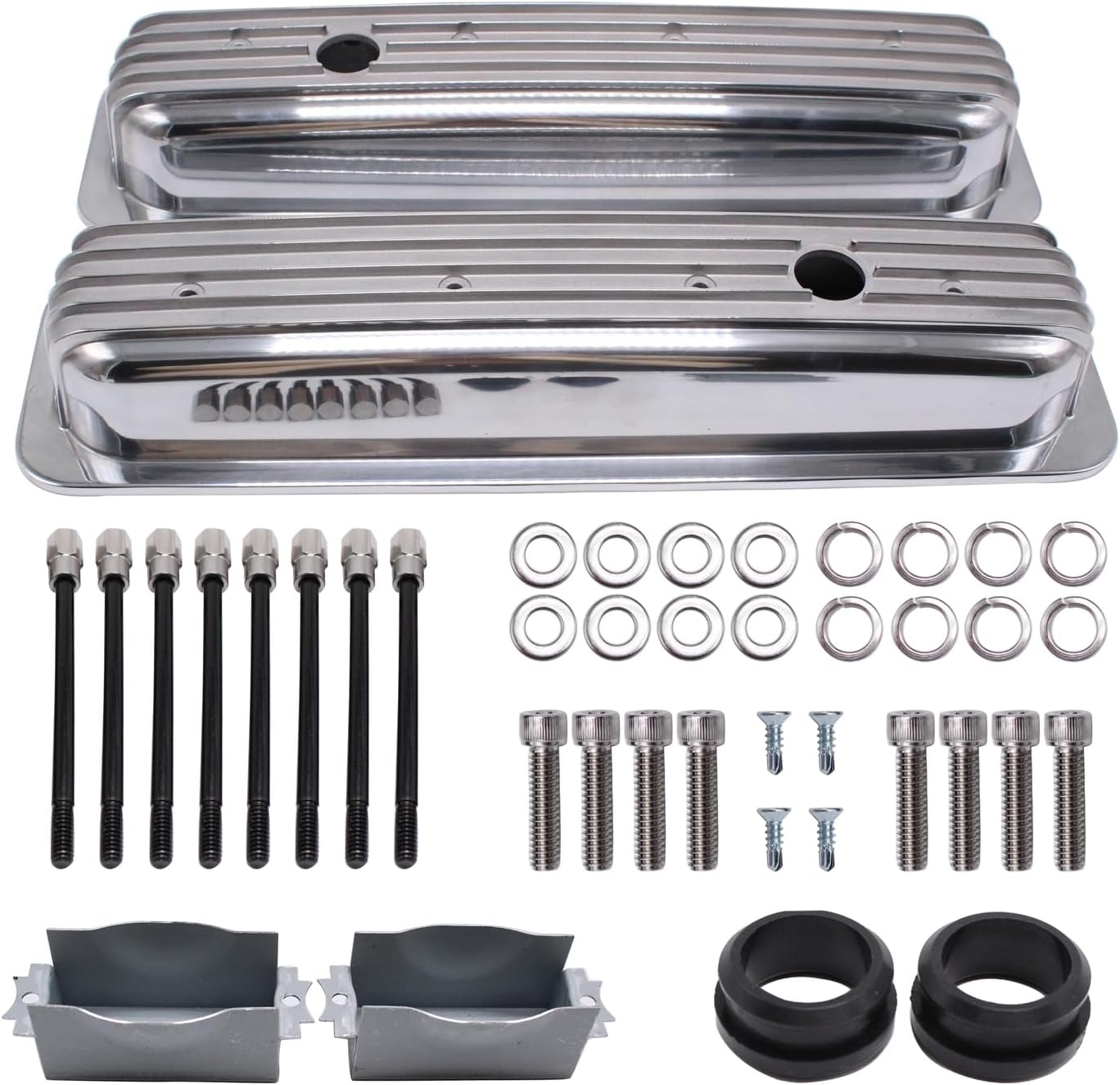 Finned Polished Aluminum Short Valve Covers Center Bolt Short Valve Covers Compatible with SBC 350 5.7 5.0 V8 1987-97