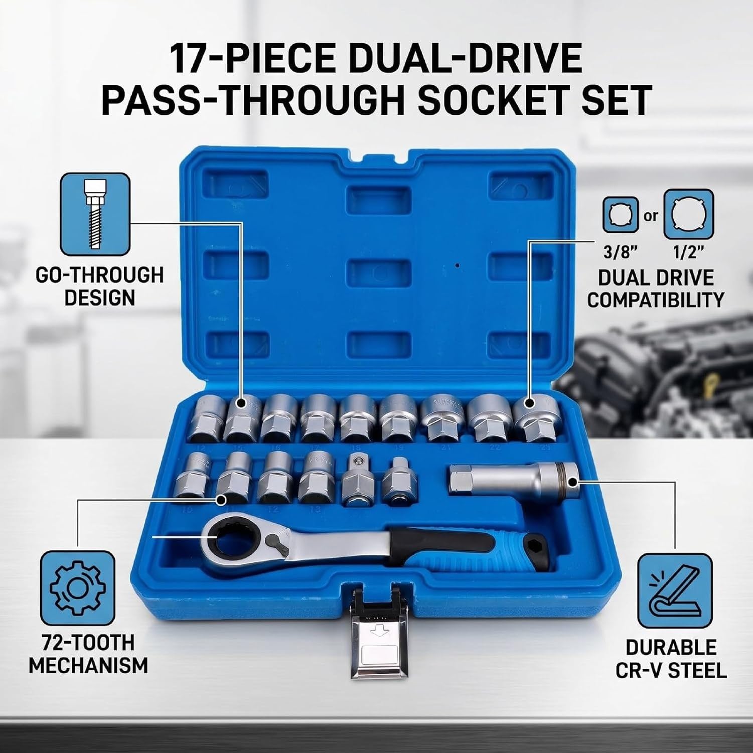 Setchia 17 Pezzi con Presa Passante, Attacco 3/8 e 1/2, 10-24mm per Lavori Auto