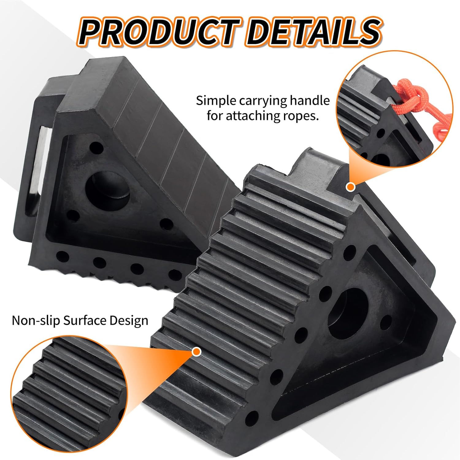 OULEME Premium Rubber Wheel Chocks with Carry Handles, Solid RV Tire Chocks for Camper, Travel Trailer, Trucks or ATV, Stable and Durable, 8.5" x 4" x 6" (4-Pack)