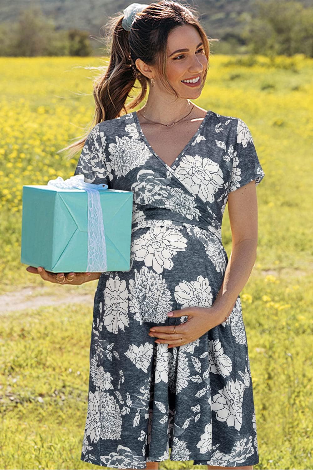 OUGES Maternity Nursing Dress Breastfeeding Short Sleeve V Neck Casual Pregnancy Clothes with Pockets - Image 2