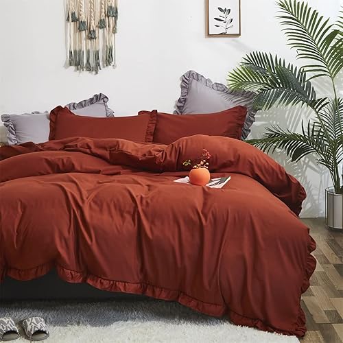 Miniatura 2 de Houseri Juego de edredón de color naranja quemado con volantes, tamaño King, ropa de cama bohemia de color óxido, color naranja caramelo, terracota