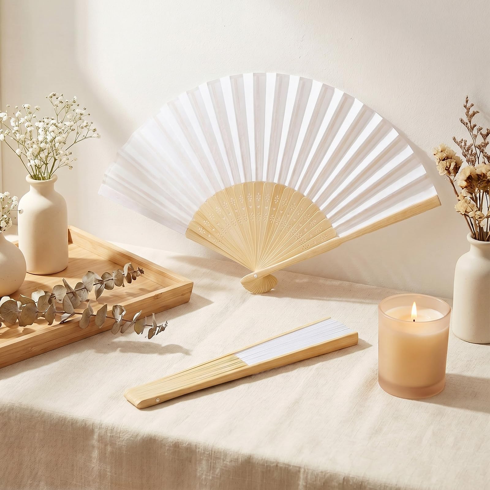 60 Stück Fächer Hochzeit, Handfächer Weiß Papier Fächer Hochzeitsfächer | Chinesische Fächer Taschenfächer Faltfächer Stofffächer für Hochzeit Party Geburttag DIY und Wand Dekoration