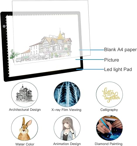 Vista 54 de TSOCOS Almohadilla de luz recargable A3, tablero de luz de pintura de diamante súper brillante, caja de luz portátil con pilas, 3 colores, 6 niveles