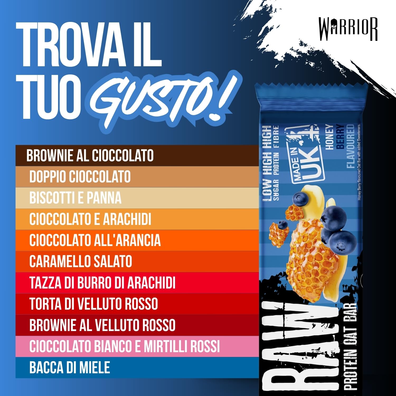 Warrior Raw Barretta Proteica 12 x 75 g – Barrette Proteiche ai Fiocchi d'Avena, Snack Proteico Senza Zucchero con Fibre e Prebiotici – Frutti di Bosco al Miele