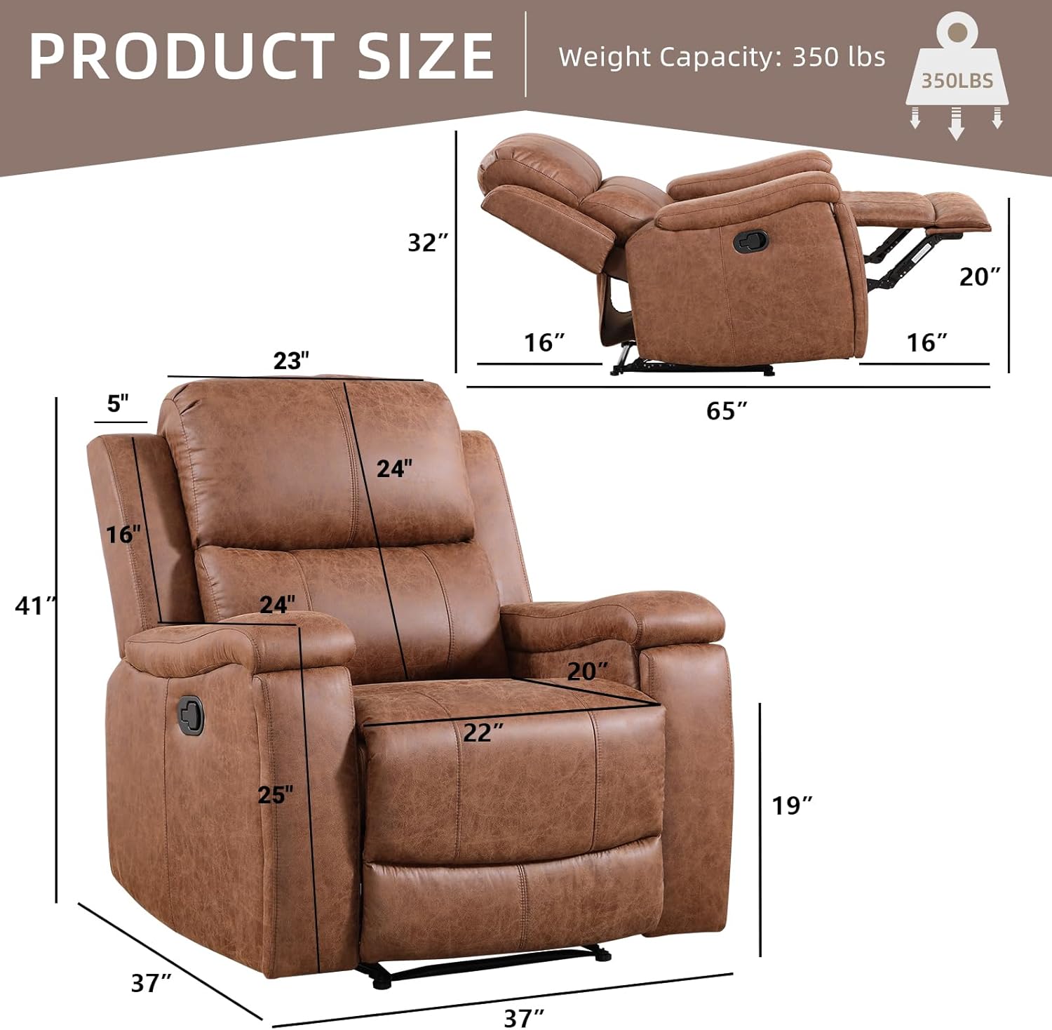 Leather Recliner Chair, Manual Recliner Chair for Adults with Overstuffed Arms and Back, Single Sofa Recliner with Cup Holders for Living Room (1, Brown)