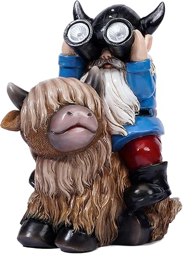 Miniatura 5 de Joint Honglin Estatuas de gnomo de jardín, gnomo de resina, sentado en las montañas de vaca, luces LED solares, telescopio para exteriores, regalos