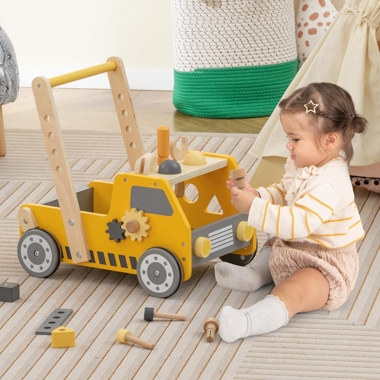FANTASK Andador de madera, 2 en 1 Baby Walker, andador con centro de actividad múltiple y banco de trabajo, carrito para niños a partir de 1 año en interior