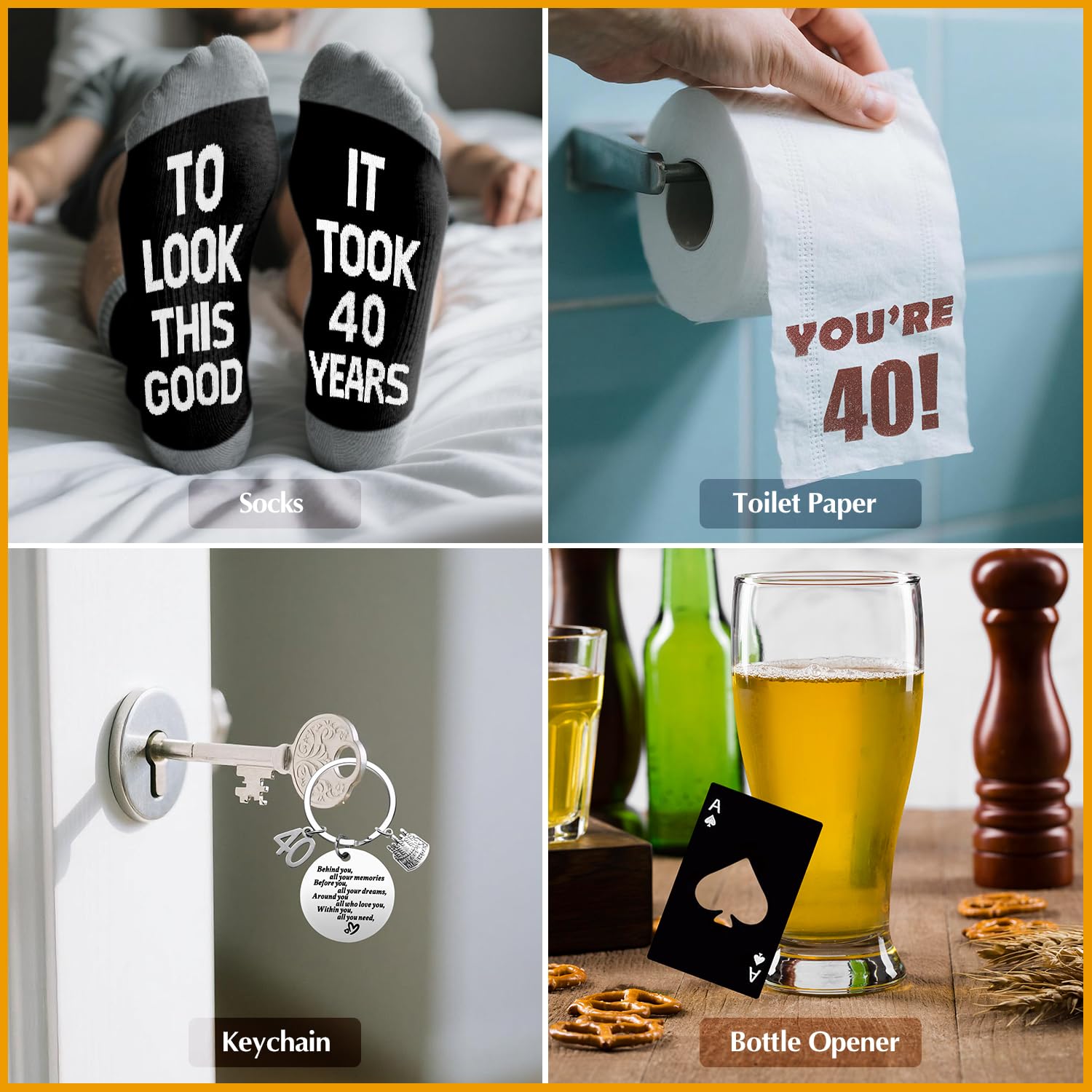 40th Birthday Gifts for Men Whiskey Glass Set, 40th Birthday Party Supplies with 11 Oz Whiskey Glass Coaster Stone Baseball Cap Apron Sock Toilet Paper Keychain for Him, Dad, Husband, Friends