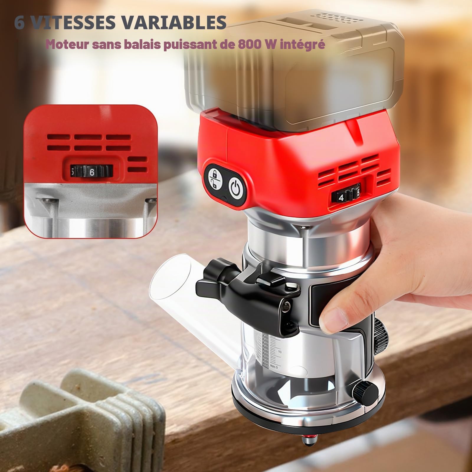 Défonceuse à bois sans fil pour batterie Milwaukee 18 V, défonceuse manuelle de 800 W pour le travail du bois, 6 vitesses 10 000 à 30 000 tr/min
