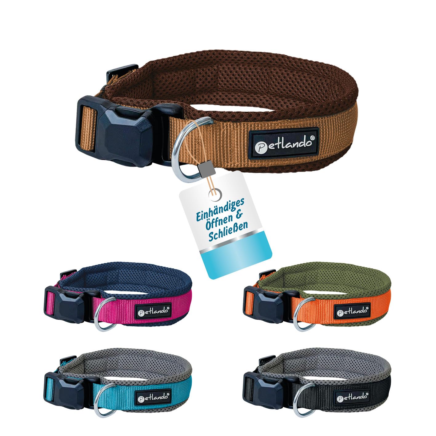 Petlando Hundehalsband mit innovativer Magnet-Schnalle, stufenlos verstellbar, weich gepolstert mit Mesh, atmungsaktiv, D-Ring, Magnetech Halsband für sehr kleine Hunde Mokka/Cognac, XXXS