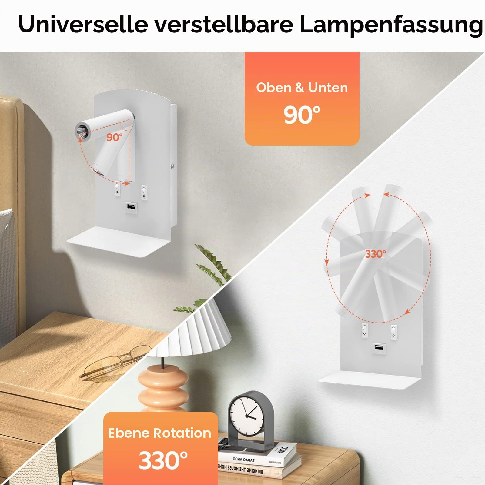 2PCS Wandleuchte Innen LED, Nachttischlampe mit Schalter, USB-Ladeanschluss Wandlampe, 12W Innenwandleuchte, 360°Drehbare, Moderne Wandbeleuchtung, 3000K Warmweiß für Schlafzimmer Wohnzimmer