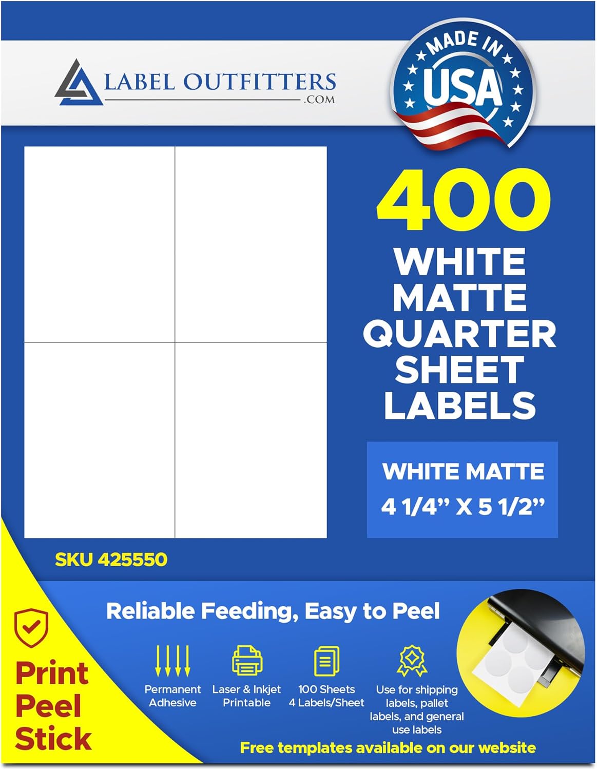 400 Label Outfitters Printable Quarter Sheet White Laser Shipping Labels, 4-1/4 x 5-1/2 inches, 100 Sheets