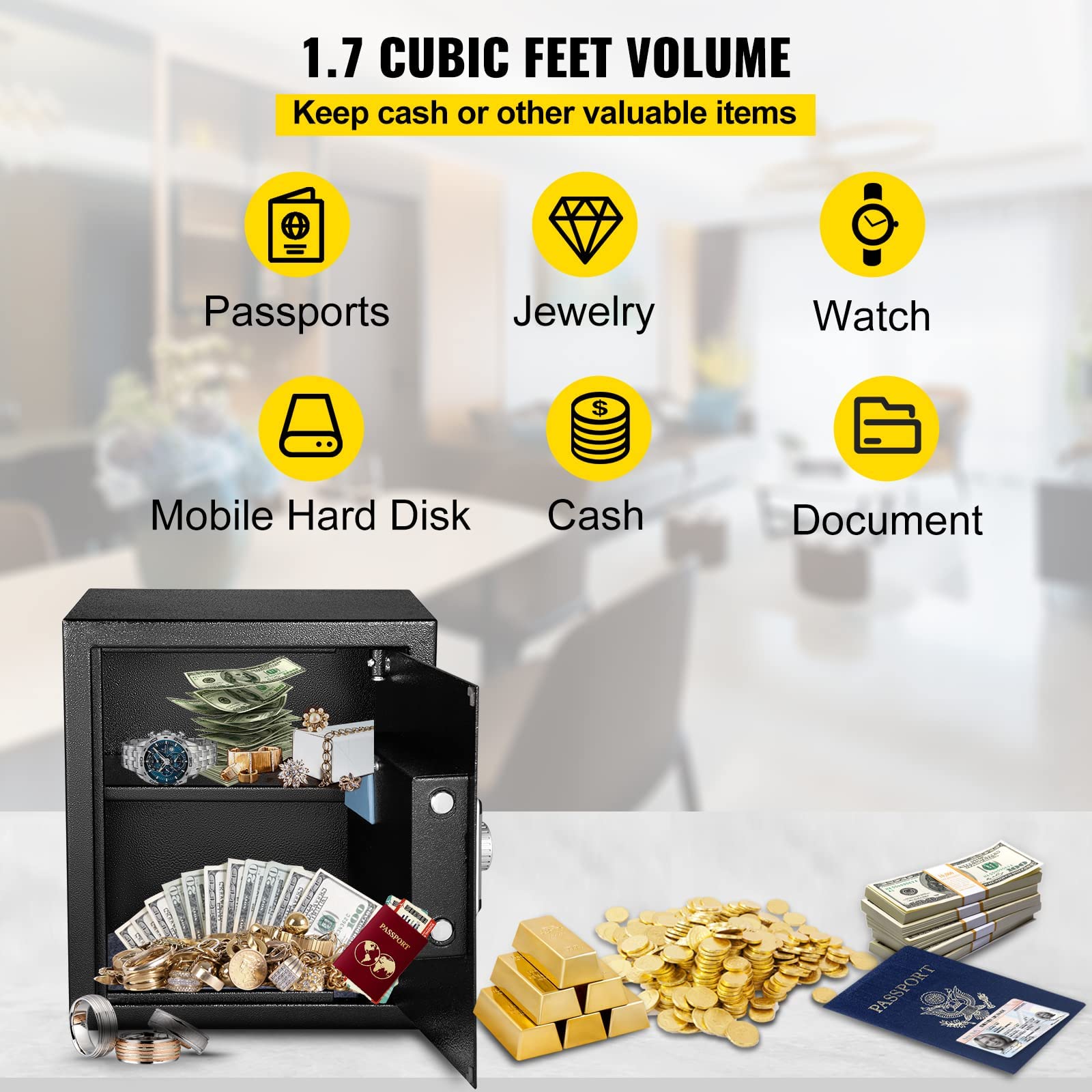 VEVOR Cassaforte con Sensore Impronte Digitali e Tastiera Digitale 35x30x40 cm, Cassetta di Sicurezza con Impronte Digitale Portata 15 kg, Cassetta di Sicurezza Portatile Adatto a Qualsiasi Ambiente