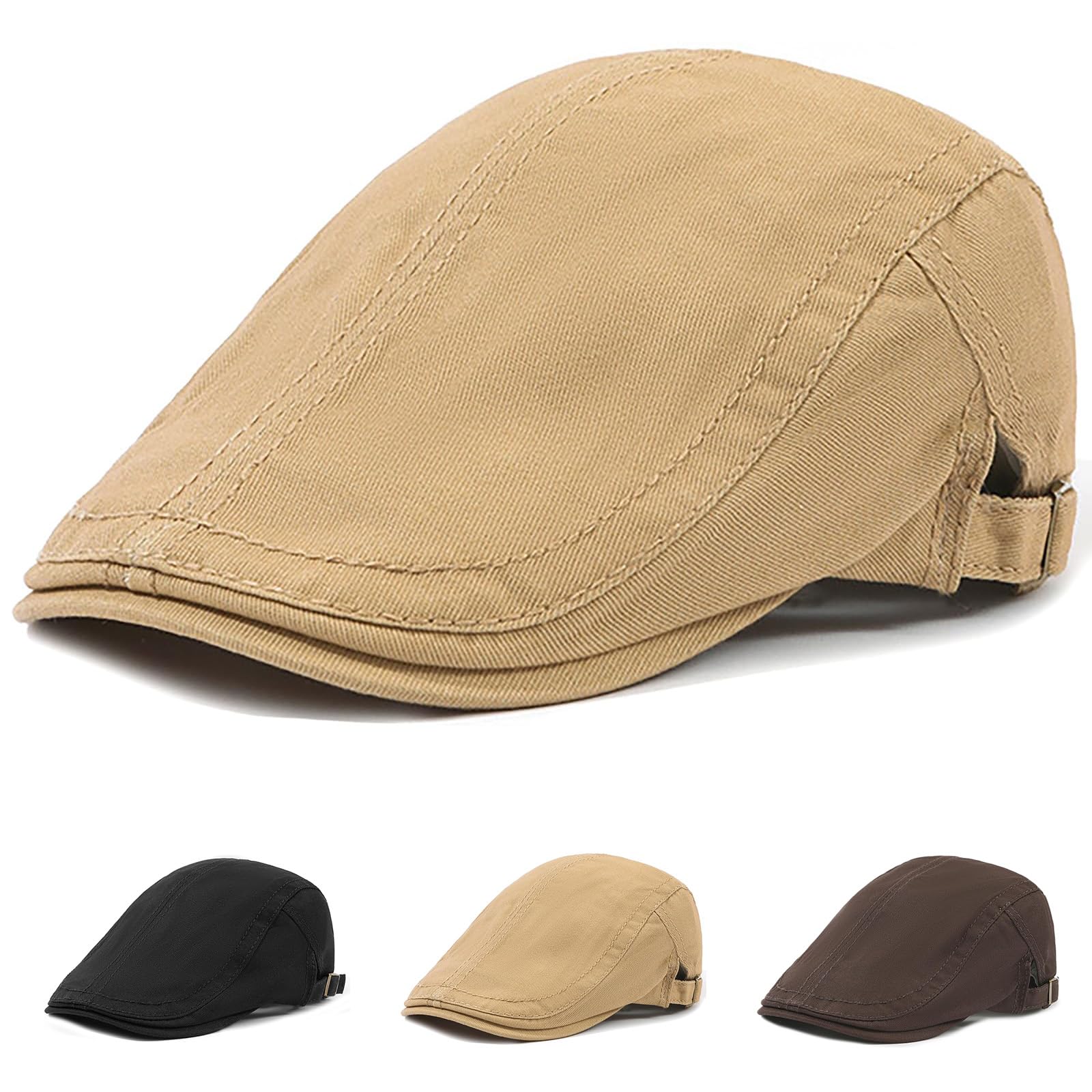 HUANYO Men's Vintage Newsboy Cap Ivy Irish Adjustable Beret Driving Hat (Khaki)