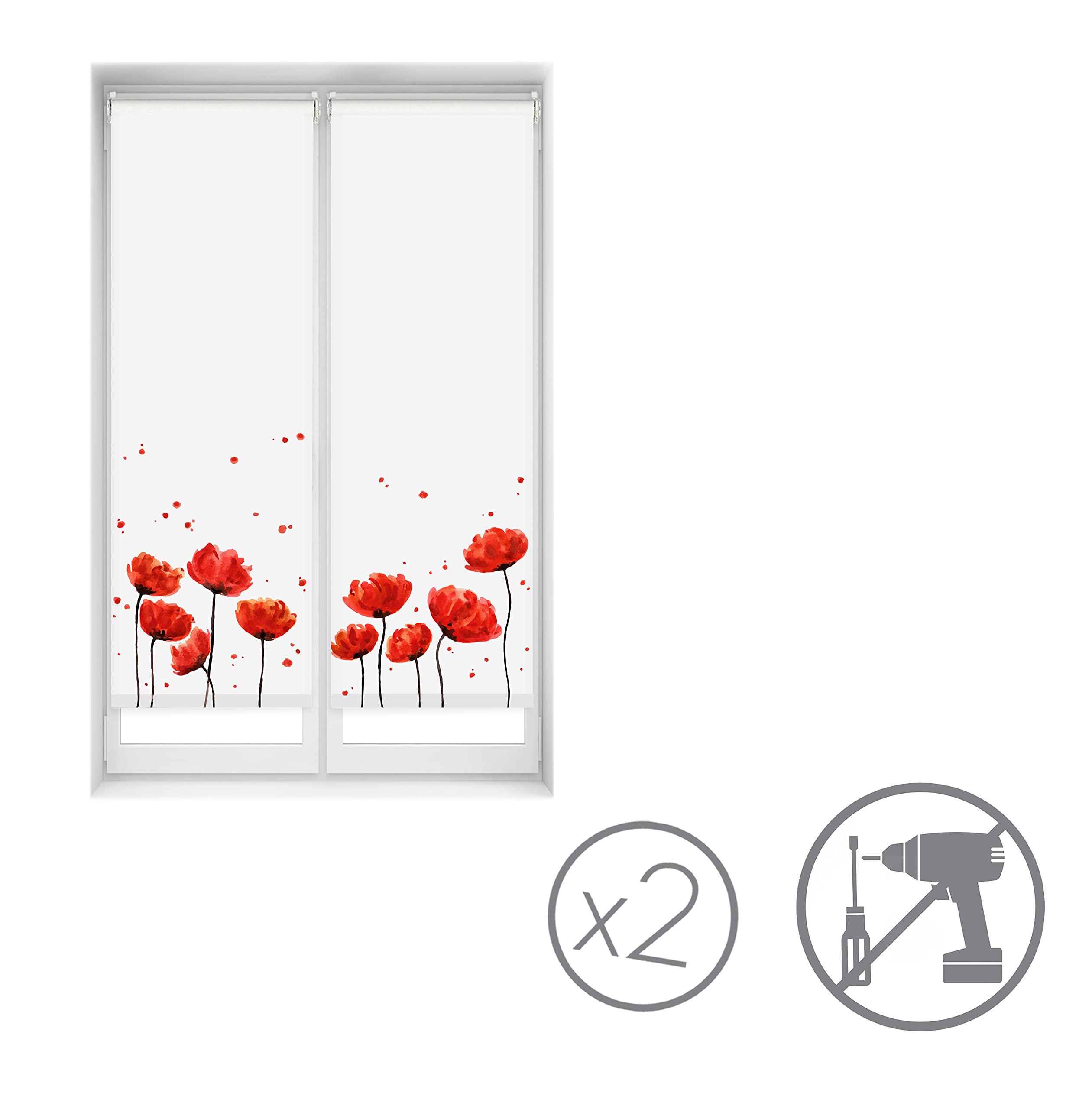 Blindecor Duo Relax Lot de 2 Stores enrouleurs translucides en Tissu Easy Fix Impression numérique Coquelicot 50 x 150 cm Dimensions du Tissu 47 x 145 cm