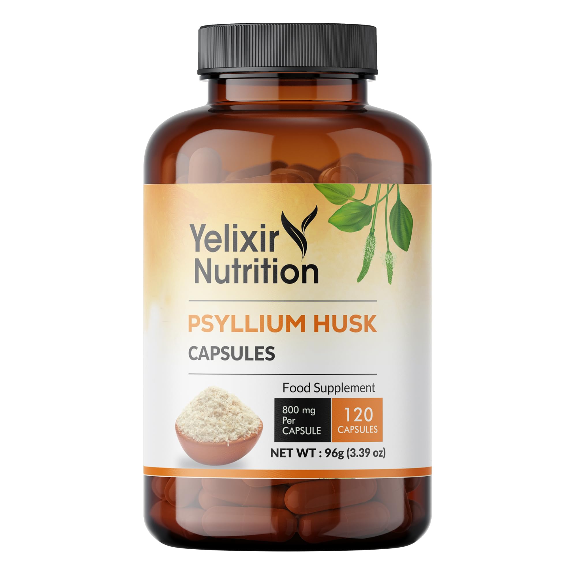Yelixir Nutrition Psyllium Husk Powder Capsules 120 Veg Capsules, Fibre Supplement, Naturally High in Soluble Fiber