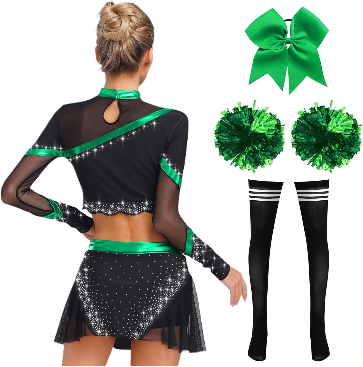 Women's Cheerleading Outfit Rhinestone Long Sleeve Crop Top Pleated Skirt Set with Accessories