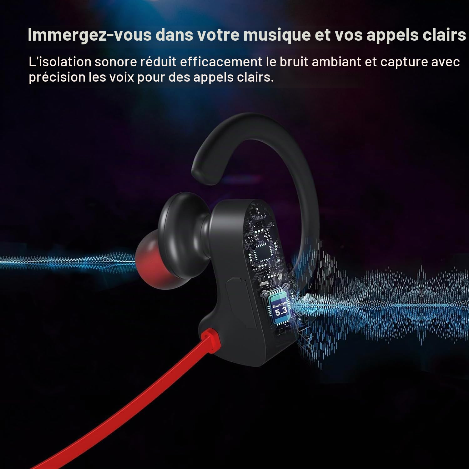 Casque Bluetooth sans Fil Sport, Ecouteur Bluetooth Sport, Bluetooth 5.3, Basses stéréo HD, Étanchéité IPX7 Écouteur Sport Adapté à la Course à Pied Cyclisme Fitness Bureau