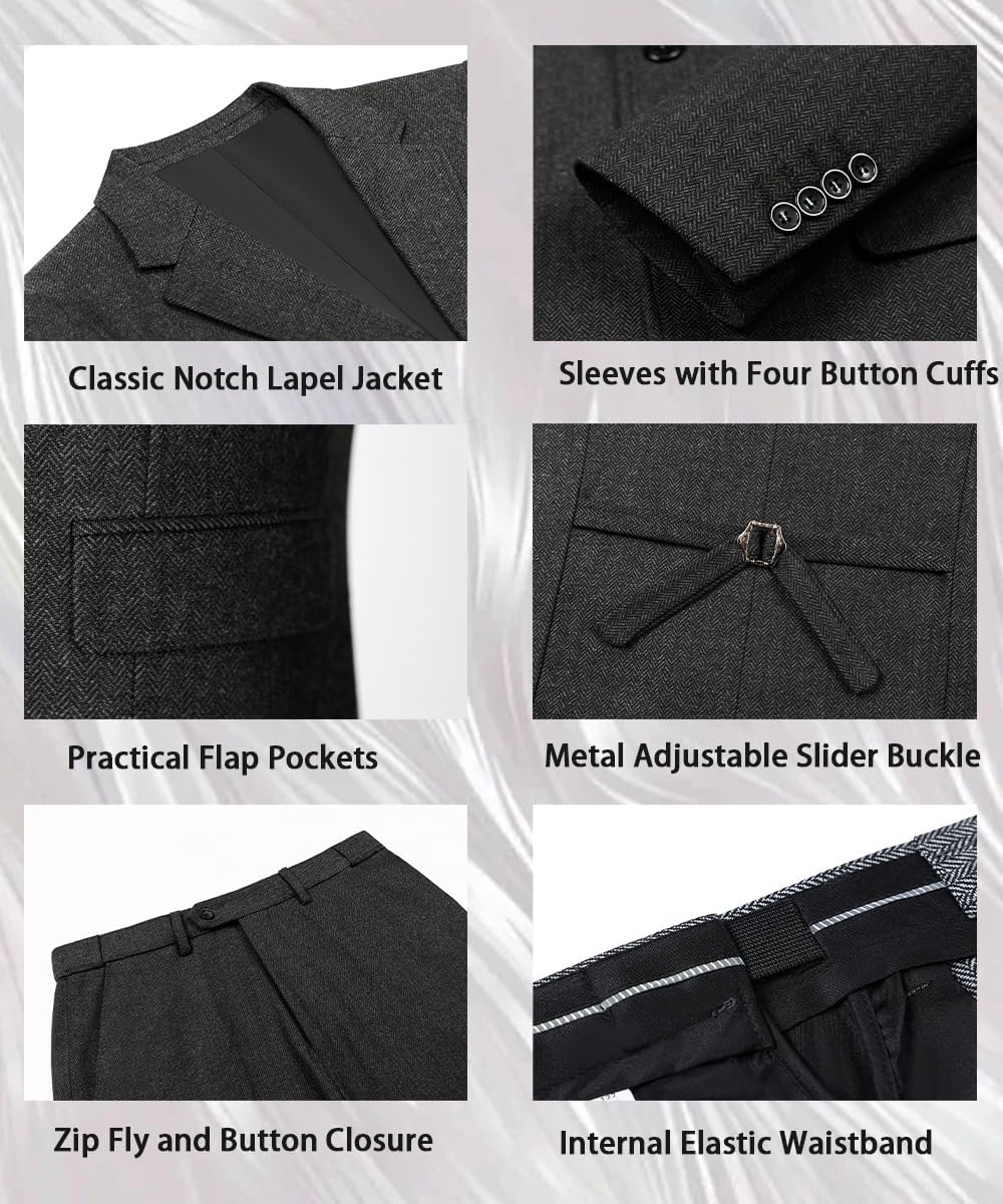 Mens Formal Tweed Wool 3 Piece Wedding Slim Fit Suit Prom Tuxedos Groomsmen