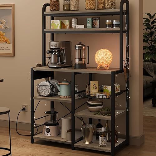 Miniatura 2 de GAOMON Estante para panaderos con toma de corriente, estante de cocina con canasta de alambre, soporte para microondas con grandes estantes de