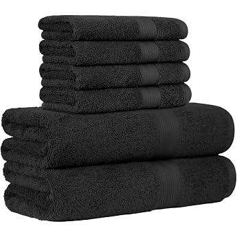 Amazon Basics Hand Towel Set 100% Cotton Colourfast Absorbent 2 Bath Towels 4 Hand Towels 6-Piece Set Black