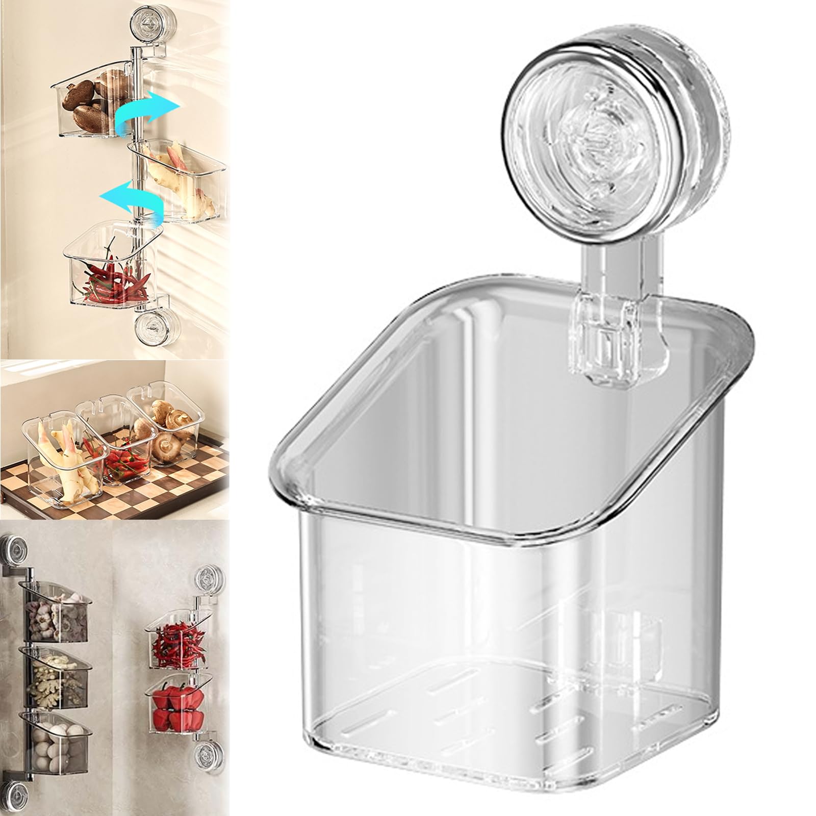 Suction Cup Rotating Organiser Wall Mounted Bins Organizer Drill-Free Suction Cup Storage Container Suction Cup Shower Caddy Hanging